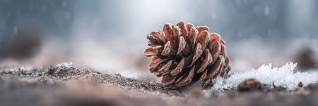 A pinecone is prominently resting on the ground, surrounded by patches of snow, as delicate snowflakes fall gently in a tranquil forest setting.の素材