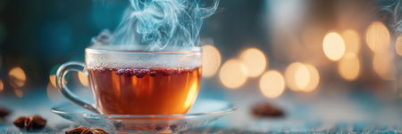A steaming cup of tea sits on a glass saucer surrounded by nuts and warm bokeh lights, creating a relaxing atmosphere during an evening gathering.の素材