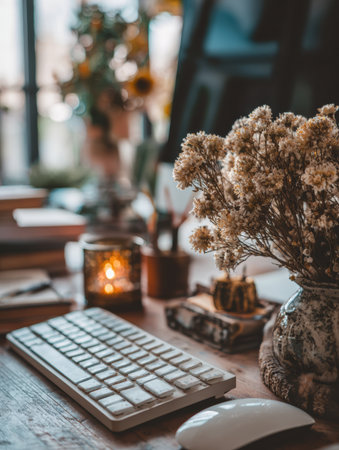 A pleasing workspace showcases a keyboard, a white mouse, dried flowers in a vase, and a softly glowing candle, all bathed in afternoon light.の素材