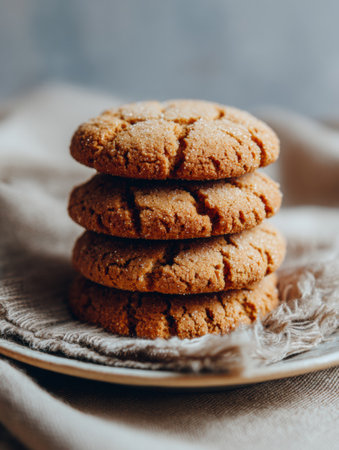 Freshly baked cookies are neatly stacked on a plate, showing off their golden-brown color and soft texture, ideal for a sweet snack.の素材