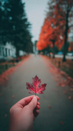 A hand displays a bright red autumn leaf while walking along a path surrounded by trees with colorful foliage on a cloudy dayの素材
