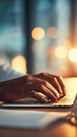 Fingers move quickly over the keyboard as warm sunlight filters through a nearby window, creating a calm workspace ambiance in the evening.の素材