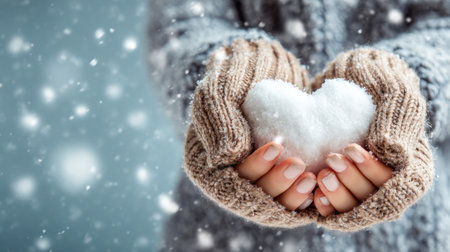 Person wearing knitted mittens holds a snow heart while snowflakes fall softly around, highlighting the joy of winter and love in a chilly atmosphere.の素材