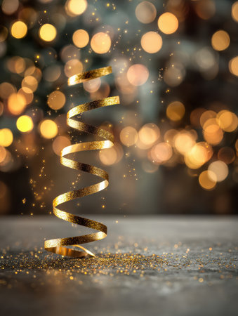A gold spiral decoration stands upright on a wooden surface, surrounded by shimmering lights and glitter, creating a festive ambiance in the evening.の素材
