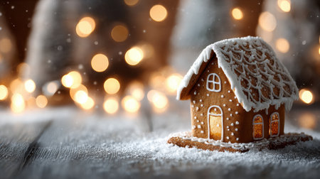 A charming gingerbread house features intricate icing decorations, surrounded by powdered sugar and glowing lights, creating a festive winter atmosphere.の素材