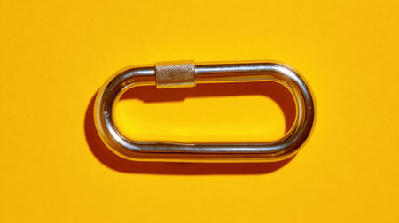 A shiny metal carabiner clip rests on a vibrant yellow surface, highlighting its smooth surface and practical design under clear, focused lighting.の素材