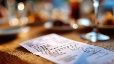 Receipt placed on a rustic wooden table, showing a casual dining place with glasses and plates visible, creating a relaxed atmosphere.の素材