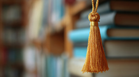 Golden tassel dangles in focus with blurred colorful books in the background, creating a warm atmosphere perfect for reading in a library.の素材