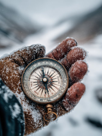 A hand holds a vintage compass, covered in frost, against a snowy landscape in winter. The surrounding scenery showcases a remote, mountainous area.の素材