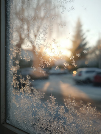 A beautiful sunset can be seen through a frosted window with intricate snowflakes, creating an enchanting atmosphere with softly glowing light.の素材