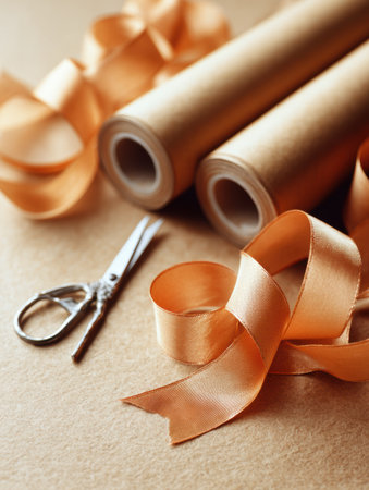 Satin ribbons in shades of orange, scissors, and rolls are arranged on a brown paper surface, ideal for creative crafting and DIY projects.の素材