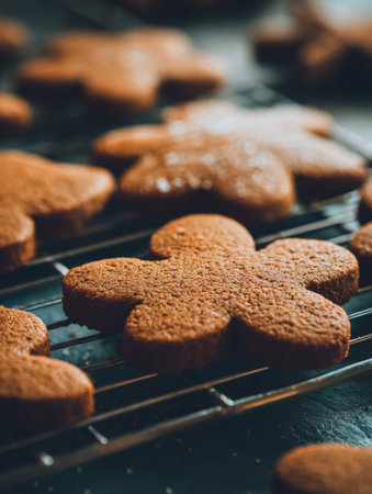 Freshly baked gingerbread cookies shaped like flowers cool on a wire rack, filling the kitchen with a festive aroma during the holiday season.の素材