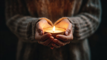 Hands cup a small candle with a flickering flame, surrounded by a calm ambiance, evoking tranquility and warmth on a chilly evening.の素材