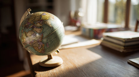 A globe rests on a sunlit wooden desk, surrounded by books and papers, creating a cozy space for learning and discovery.の素材