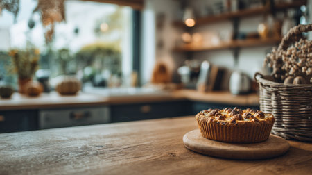 A delicious pie with a golden crust is displayed on a wooden board, with a cozy kitchen setting in the background and warm afternoon light filtering in.の素材