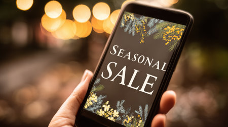 A person shows a smartphone with a seasonal sale notification while surrounded by glowing outdoor lights, capturing the festive ambience of the evening.の素材