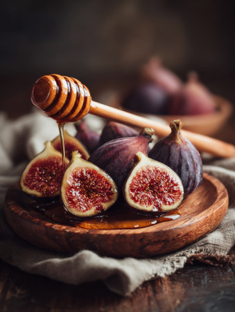 Juicy figs are sliced in half, revealing their vibrant interior, and drizzled with golden honey on a dark wooden plate, creating a delicious treat.の素材