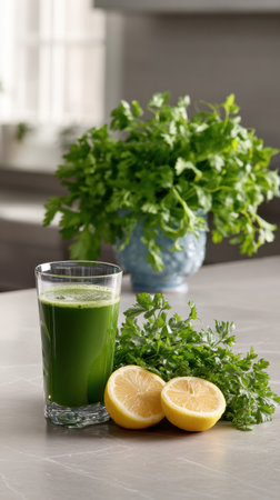 A glass filled with vibrant green juice sits next to fresh cilantro and sliced lemon on a kitchen counter, highlighting healthy ingredients in a well-lit space.の素材