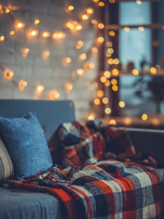 A beautifully arranged living room features a plush blanket and pillows on a couch, surrounded by soft glowing lights creating a cozy ambiance at dusk.の素材