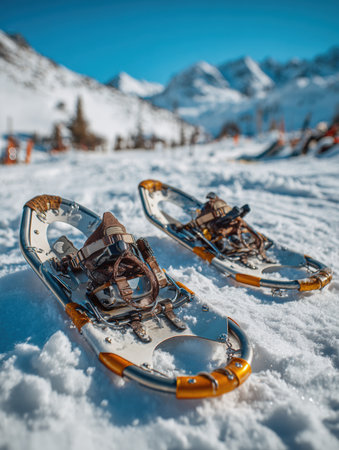 Snowshoes are placed on a thick layer of snow with stunning mountain peaks in the background under a clear blue sky on a sunny winter dayの素材