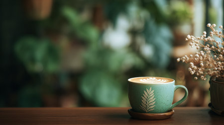 A beautifully crafted latte rests in a green cup on a wooden table, accompanied by dried flowers, creating a peaceful atmosphere in a cafe.の素材