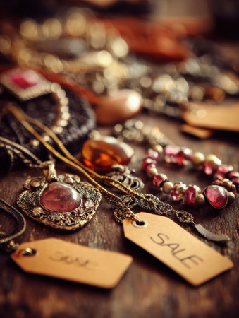 Handcrafted jewelry shines under warm lighting on a weathered table, inviting shoppers with sale tags. Colorful gems and intricate designs catch the eye.の素材