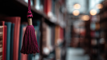 A close-up view of a burgundy tassel hanging from a shelf amidst rows of colorful books in a cozy library setting with warm lightingの素材