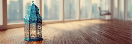 Delicate blue lantern illuminates a contemporary space with wooden floors and expansive windows, capturing the warm glow of late afternoon sunlight.の素材