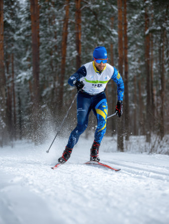 Male skier in a blue and white outfit glides swiftly across snow-covered terrain, with snowflakes flying around him in a winter competition.の素材