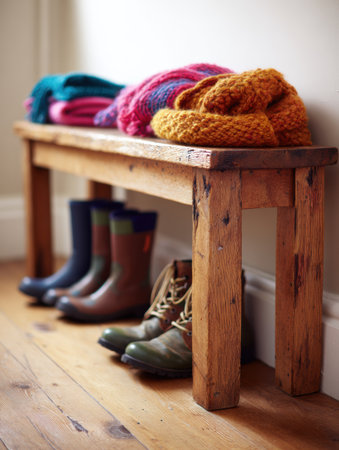 A rustic wooden bench displays colorful knit scarves and hats besides various pairs of rain and winter boots in a warm entryway.の素材