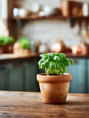 A vibrant basil plant sits in a terracotta pot on a rustic wooden table, surrounded by a cozy kitchen interior filled with pots and utensils.の素材