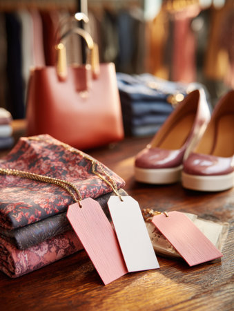 Various colorful fabrics and tags arranged on a wooden table alongside elegant footwear and a fashionable handbag creating a vibrant shopping atmosphere.の素材