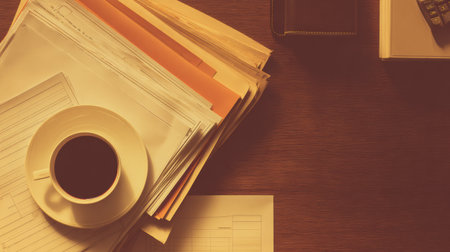 A coffee cup sits beside organized stacks of documents on a wooden desk, suggesting a focused work session in the late afternoon light.の素材