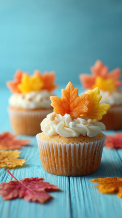 Sweet cupcakes adorned with vibrant maple leaves in shades of orange and yellow, set against a rustic blue wooden background, evoke autumn vibes.の素材