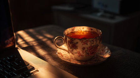 A decorative cup of tea sits on a floral saucer beside a laptop, bathed in warm sunlight streaming through a nearby window, creating an inviting atmosphere.の素材