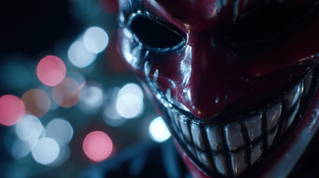 Eerie mask with exaggerated features creates an unsettling atmosphere amidst colorful festive lights at night, adding intrigue to the celebration.の素材