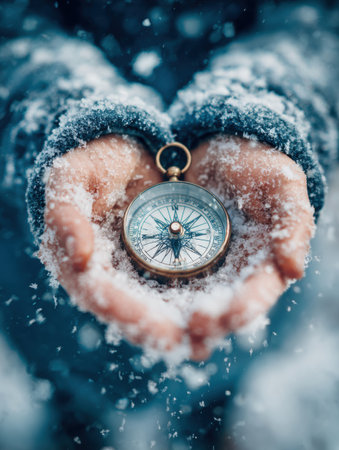Two hands gently cradle a vintage compass, surrounded by falling snow in a winter wonderland, suggesting exploration and adventure in nature.の素材