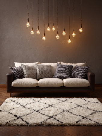Cozy sofa adorned with various textured pillows sits on a plush rug under artistic pendant lights in a contemporary living room designed for comfort.の素材