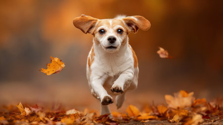 A small dog with floppy ears runs energetically among colorful autumn leaves in a peaceful park as daylight fades, creating a warm atmosphere.の素材