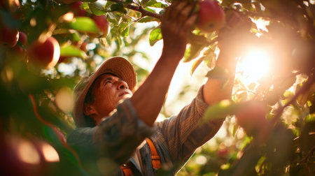 A farmer picks apples from a tree in an orchard as the sun sets, casting a golden light through the branches, creating a peaceful rural atmosphere.の素材