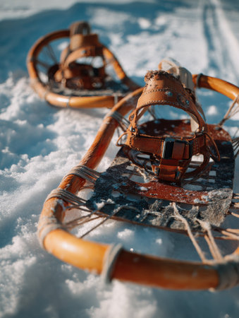 Snowshoes are positioned on a blanket of fresh snow, showcasing craftsmanship and readiness for exploration in a winter landscape under bright sunshine.の素材