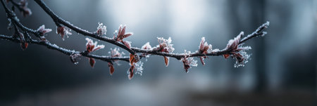 Delicate branch adorned with frost and early buds stands out against a misty winter background during the calm of the morning.の素材