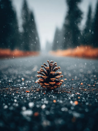 A pine cone sits in the center of a wet road surrounded by tall trees on a rainy day, creating a serene and tranquil atmosphere in nature.の素材