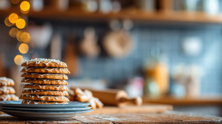 Decorated gingerbread cookies stacked on a blue plate showcase warm festive spirit in a cozy kitchen filled with holiday decorations and soft lighting.の素材