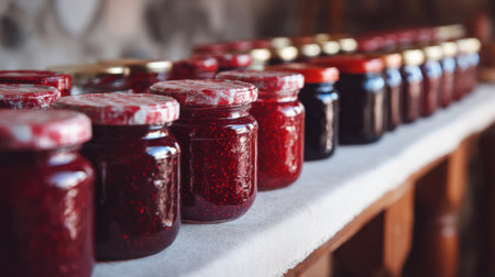 Jars filled with various homemade fruit preserves are neatly arranged on a wooden table, showing vibrant colors and textures under warm sunlight.の素材