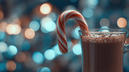 A cozy chocolate beverage sits in a glass mug, garnished with whipped cream and a striped candy cane, surrounded by bright holiday lights.の素材