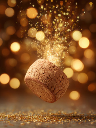 A round confection hovers mid-air as it bursts into golden sparkles, creating a joyful and celebratory ambiance during a festive gathering.の素材