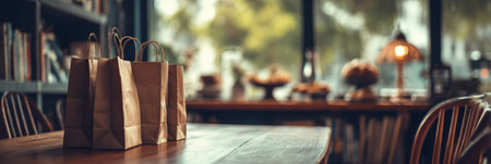 A collection of brown paper bags rests on a rustic wooden table in a charming cafe, surrounded by books and baked goods during a relaxing afternoon.の素材