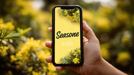 A person is showcasing a smartphone with a bright seasonal sale design in a blooming garden filled with yellow flowers, highlighting the beauty of spring.の素材