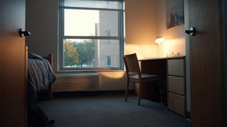 A university dorm room featuring a bed, desk, and chair, illuminated by soft evening light. The window reveals trees outside, hinting at autumn.の素材